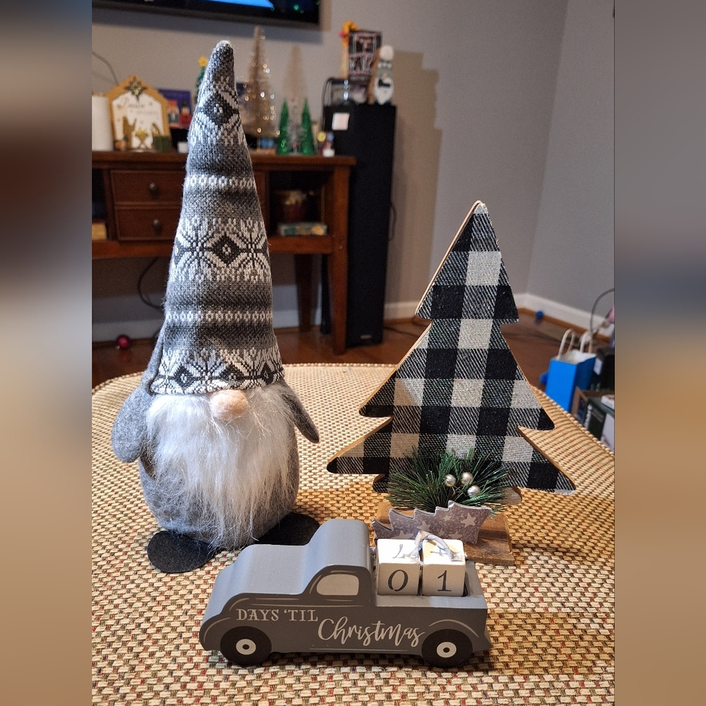 Holiday Decor Trio - Gray Christmas Countdown Truck with Gnome and Tree